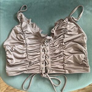 Ruched Lace-Up Tan Crop Top